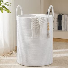 YOUDENOVA Laundry Basket with Handle Foldable Braided Cotton Rope Large Laundry Hamper Toy Storage Basket with Handle Handmade for Living Room Children's Room 58 L White