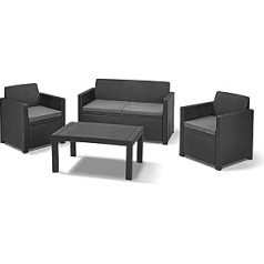 “Allibert by Keter” Modena garden furniture set made of plastic, incl. cushions, grey, 4-piece, 2 seat cushions, sofa & table, for garden, balcony & patio, flat rattan look.