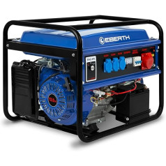 Eberth 5500 vatu benzīna jaudas ģeneratora avārijas ģenerators (E-Start, automātiskais sprieguma regulators AVR, 13 ZS benzīna dzinējs, 4-taktu, gaisa dzesēšana, zemas eļļas aizsardzība, skriemeļa palaišana, voltmetrs, 1 fāzes vai 3 fāz