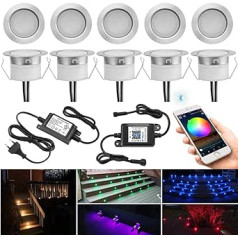 10 Bluetooth LED padziļināti grīdas prožektori, RGBWW āra, diametrs 45 mm, aptumšojami LED grīdas prožektori, āra terase, padziļināti grīdas lukturi, kāpņu padziļināti prožektori, DC12 V IP67 ūdensnecaurlaidīgs iekšpagalms