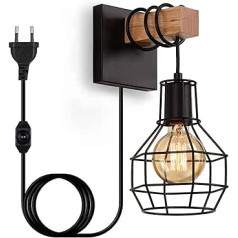 Sienas gaisma iekštelpu aptumšojama vintage sienas lampa Melna industriālā retro lampa E27, kas izgatavota no metāla un koka ar slēdža kabeli un kontaktdakšu kāpņu telpai guļamistabas restorāna viesistabai (ar spuldzi)