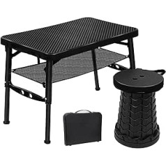 FIEMACH pārnēsājams saliekamais galds ar saliekamo ķeblīti, ar regulējamu augstumu mazo galdu un teleskopisko ķeblīti, kempinga galds, saliekamais dārza galds ceļojumiem, piknikam, makšķerēšanai, pārgājieniem, iekštelpās (melns)