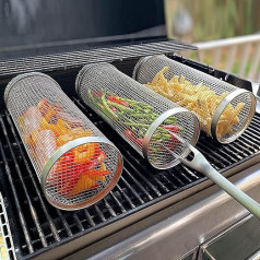 Sohodoo Rolling Grill Cage Grillwerkzeuge Runde Grillkörbe Barbecue Camping Essentials BBQ Edelstahl BBQ Grillkorb Runde BBQ Grill Mesh Körbe BBQ Zubehör āra (krāsa: 1 gab., izmērs: garums 30 cm)