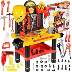 Kinderplay KP2646 Children's Workbench with Battery-Operated Drill and Helmet - Children's Workbench with Worktop, Tool Bench incl. Hammer, Pliers, Screws, Nuts, Screwdrivers