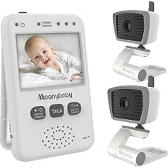 moonybaby Value 100-2 Baby Monitor Video Night Vision, 2,4 collu LCD ekrāns, 2,4 GHz signāls, domofona funkcija, VOX enerģijas taupīšanas režīms, līdz 4 kamerām, 2x kameras, tālvadības displejs