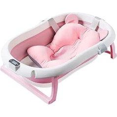 SONARIN Foldable Baby Bath with Real-time Temperature Measurement, Portable Non-Slip Bathtub for Babies, Baby Shower Tray with Safety Bath Seat, Drain Plug for Newborns, Toddlers (Pink)