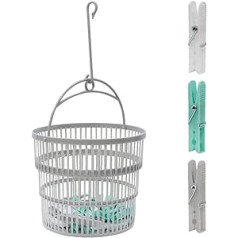 Clothes Peg Basket with 50 Pegs for Clothesline - Collapsible Plastic Bucket with Hanger and Hanging Hooks - Strong, Durable Construction with Spacious Size