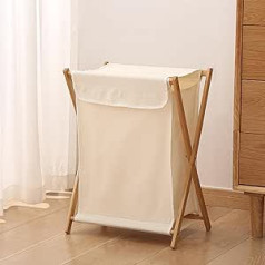 QHENS 55L Foldable Laundry Basket Beige with Lid, Laundry Box Slim Made of Bamboo and Cotton and Linen, 40 x 34 x 56.5 cm, Breathable Laundry Basket, Portable for Dirty Clothes in the Laundry Room