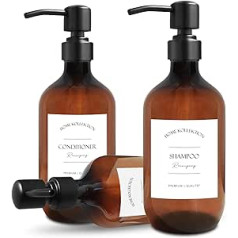 BIROYAL Beautiful Shampoo and Conditioner Dispenser Set of 3 - Modern Shower Soap Bottles with Pump and Labels - Easy to Fill Shower Rinse Dispenser