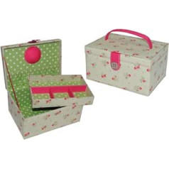 alles-meine.de GmbH 2-Piece Sewing Basket Large Square Cream Small Roses Fabric Sewing Box Colourful Handmade Basket Pink