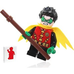 LEGO Super Heroes DC Betmena minifigūra — Robins (zaļa maska un dzeltens apmetnis) ar personālu un minifigūras zemes flīzi 76122