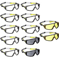 12 x voltX 'Quad' 4-in-1 Protective Glasses with Reading Aid (8 x Clear, 2 x Yellow and 2 x Smoke Grey) with Foam Insert and Removable Headband - CE EN166f Certified