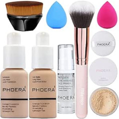 Hilareco Phoera Foundation, Phoera Primer, Phoera Powder, Concealer Cover Liquid Matte Full Coverage, Make Up Foundation Brush and Powder Brush, Make Up Sponge Set (102 Nude + 104 Buff Beige)