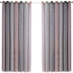 POHOVE 1 x Star Curtains, Rainbow Stripes Window Curtains, Pink Curtains for Bedroom Girls, Double Layer Bedroom Curtains for Children's Room - Grey, 134 x 240 cm