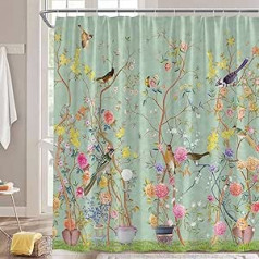 Hykiee Shower Curtain, 180 x 180 cm, Anti-Mould, Flowers, Waterproof, Machine Washable and Quick Drying, Polyester, Green Bird Shower Curtains, Shower Curtain for Bathroom with 12 Shower Curtain Rings