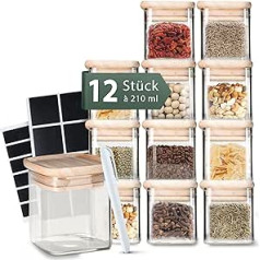 Celeko Home Spice Jars Set 210 ml Stackable Square Wooden Lid (12 Pieces) Spice Jars Spice Jars Glass Spice Storage Jars Small Jars with Lids and Labels