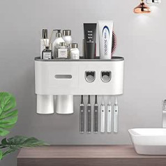 TuCao Wall Mounted Toothbrush Holder with Double Automatic Toothpaste Dispenser and Squeeze Set, 2/3/Cup (Grey, 2 Toothpaste Dispensers and 2 Cups)