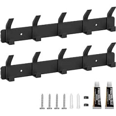 Eucomir Coat Hooks, Pack of 2 Wall Coat Hooks for Wall Mounting with 5 Hooks, Self-Adhesive Towel Hooks, Wardrobe Hooks for Living Room, Kitchen, Bathroom etc. (Black)