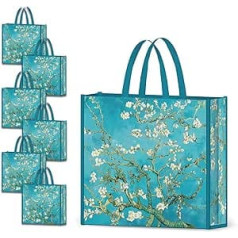 NymphFable Pack of 6 Shopping Bags, Reusable Almond Blossom Shopping Bags, Large, Foldable, Waterproof Shopping Bag