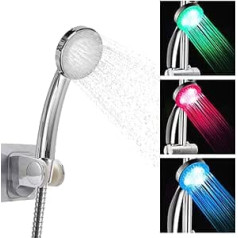 LEDGLE LED Shower Head with Hose, Shower Head Hand Shower with 3 Colours, Temperature Control, Colour Changing, Water-Saving, Pressure Increasing, Universal Shower Head Holder, No Drilling