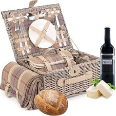 Traditional 2 Person Picnic Basket with Lavender Tweed Blanket - Deluxe Wicker Picnic Basket with Lid with Cooler Compartment - Picnic Set for 2 with Accessories by Wrenbury