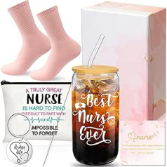 Hsei 6 Stück Krankenschwester-Geschenke für Frauen 473 ml Dosenförmige Biertrinkgläser mit Deckel und Strohhalm, Schlüsselanhänger, Regenbogen-Make-up-Tasche, Socken, Karte und Geschenk-Box,