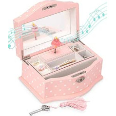 Art Lins Elle Ballerina Music Jewellery Box with Lock, Wooden Case, Storage Box for Girls, Large (Pink)