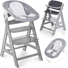 Hauck Alpha Newborn Set, Baby Wooden High Chair, Suitable for Use from Birth, with Reclining Function, Incl. Newborn Height-Adjustable Seat and High Chair Cushion - Grey