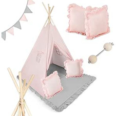 Nukido, Kinderzelt Tipi Teepee rosa ar Girlande, Kissen, große Matte, stabilizators