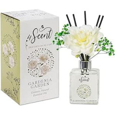 4SCENT Gardenia Garden mājas smaržu difuzoru komplekts ar konservētu gipsofilu un mākslīgo gardēniju mājas aromātam un dekorēšanai, aromterapijai ar ēteriskajām eļļām un niedru kociņiem