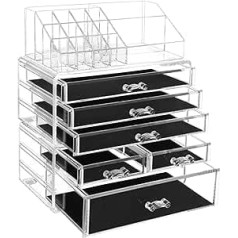 SONGMICS Acrylic Cosmetic Organizer aplauzuma organizators ar 6 atvilktnēm, glabāšana vannas istabai Guļamistabas kosmētikas organizators lūpu krāsai Acu ēnas nagu lakas otiņas pamats