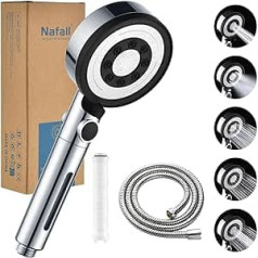 Nafall Shower Head Filter with 1.6 m Hose, Hand Shower, Water-Saving, Shower Head with 5 Jet Types, High Pressure, Economy Shower Head, Rain Shower, Stop Function, Chrome (Without Bracket)