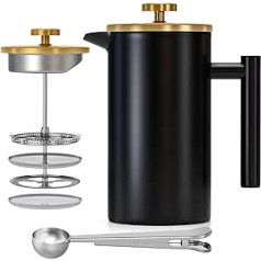 Enfmay French Press kafijas automāts 1000 ml, pārnēsājama kafejnīca ar 4 slāņu filtru, nerūsējošā tērauda korpuss ar dubultām izolētām sienām, komplektā ar karoti divi vienā, tējai, mājām, ceļojumiem, kempingiem (melns)