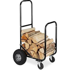 Relaxdays Firewood Trolley, 2 Tyres & 2 Wheels, up to 60 kg, Steel Firewood Cart, Wood Transport & Storage, Black