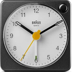 Braun Classic Analogue Travel Alarm Clock with Snooze Function and Light, Compact Size, Quiet Quartz Movement, Crescendo Alarm, Black and White Model BC02XBW