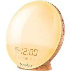 Coulax Light Alarm Clock, Wake-Up Light, Daylight Alarm Clock, Sunrise Sunset Simulation Improvement of Sleep Quality Alarm Clock with Two Alarms, FM Radio for Adults and Children (Wood Grain)
