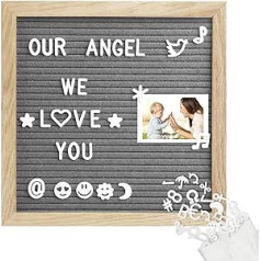 Meafeng Grey letter board made of oak and felt 25 x 25 cm square letter board with 350 letters easel and bag letters board wood letter board groove board memo board with metal hooks