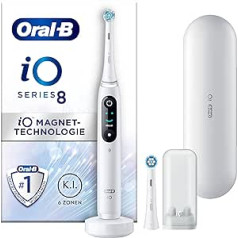 Oral-B iO Series 8 Electric Toothbrush, 2 Replacement Toothbrush Heads, 6 Cleaning Modes for Dental Care, Magnetic Technology, Colour Display & Travel Case, Designed by Braun, White Alabaster