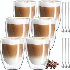 MULEVIP Latte Macchiato glāzes ar dubultām sienām (6 x 350 ml) abpusējās kafijas glāzes Termiskās glāzes ar dubultām sienām kapučīno, lattei, saldējumam, ledus Americano, pienam, sulai - ar karoti