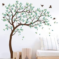 Large Tree Wall Sticker Children's Room Wall Tree Sticker with Birds Tree Wall Sticker Wall Sticker Vinyl Wall Decor KW032 (Branches to the Right, Brown, Lime Green, Turquoise)