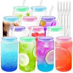 Joyclub Glasbecher mit Acryl-Deckel und Strohhalmen, 12er-Set, 473 ml, wiederverwendbare Eiskaffeetasse, Bierdose, Trinkgläser für Smoothie, Viskijs, Boba, Soda, Tee, Geschenk (Bonbonfarben)