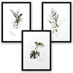 3-Piece Premium Poster Set, Art Print, Botanic, Green, Leaves, Decorative Picture for Your Wall, Optional with Frame, for Living Room and Bedroom, Modern Fine Art, A4 / A3 Format A3 Black Frame