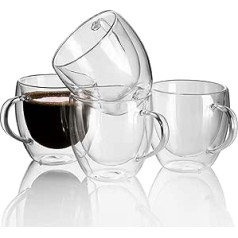 4 x 250 ml Double-Walled Insulated Glass Coffee Cups, Thermal Glasses for Hot and Cold Drinks, Heat Resistant Tea Glass, Coffee Glass, Glass Coffee Cups with Handle, Cups Latte Cappuccino