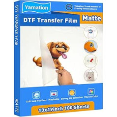 Yamation DTF pārsūtīšanas plēve: 13 x 19 collu 100 loksnes augstākās kvalitātes divpusēja matēta apdares PET pārsūtīšanas papīrs, kas paredzēts T-kreklam.