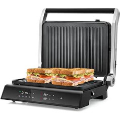 GOPLUS Panini presēšanas grils, kontaktgrils ar 2 noņemamām nepiedegošām plāksnēm, 1200 W sviestmaižu cepeškrāsns ar noņemamu pilēšanas paplāti, LED displejs, 180° eņģu galda grils šķiņķim, burgeri, steiki