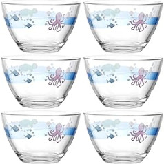 LEONARDO Bambini Avventura 044421 Bowl Set of 6 Children's Bowls with Thick-Walled Glass Motif Capacity 400 ml, Diameter 12 cm Dishwasher Safe Robust Set of 6 with Sea Motif