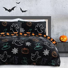 Sleepdown Halloween Scary Ghost melns oranžs flaneļa flīsa grozāms gultas veļas komplekts ar spilvendrānām Silta mīksta viegli kopjama gultas veļa - divguļamā gulta (200 cm x 200 cm)