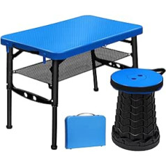 FIEMACH pārnēsājams saliekamais galds ar saliekamo ķeblīti, ar regulējamu augstumu mazo galdu un teleskopisko ķeblīti, kempinga galds, saliekamais dārza galds ceļojumiem, piknikam, makšķerēšanai, pārgājieniem, iekštelpās (zils)