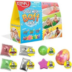 12 izmantojiet Mega Baff Pack no Zimpli Kids, 6 x vannas bumbas, 2 x Gelli Baff, 2 x Slime Baff un 2 x Crackle Baff, Children's Value sensoro vannas rotaļlietu dāvanu komplektu, dzimšanas dienas dāvana zēniem un