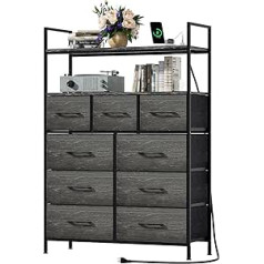 WASAGUN Chest of Drawers, 9 Fabric Drawers with Handles, Chest of Drawers with USB Ports and Sockets, Clothes Organisation, Storage Module, Grey Wood Industrial Furniture, Suitable for Bedroom, Living